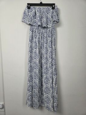 Blue & White Strapless Printed Maxi Dress